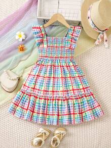 Young Girl Summer Holiday Style Plaid Dress With Square Neckline And Flutter Sleeves S - Red - View 1