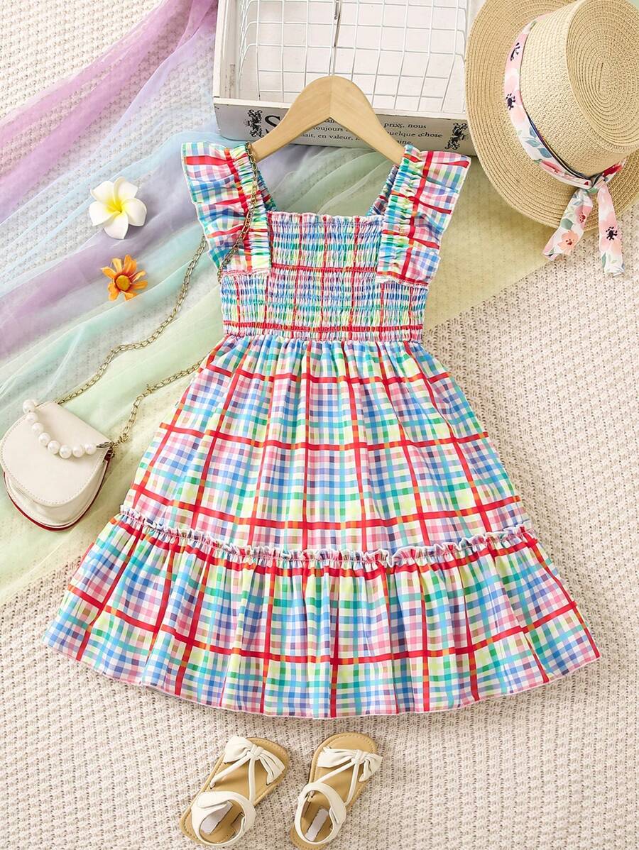 Young Girl Summer Holiday Style Plaid Dress With Square Neckline And Flutter Sleeves S - Red - View 1