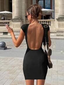 SHEIN Privé Women Fashion Solid Color Short Sleeve Backless Dress - Black - View 2