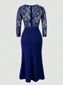 SHEIN Belle Vestido de noche verde de encaje y transparencias, vestido maxi para mujer