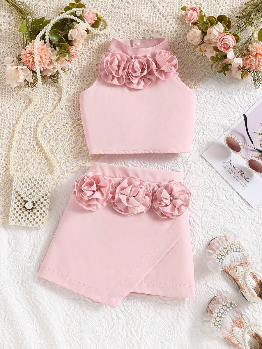 SHEIN Baby Girl Sweet Plain Button-Up Top With 3D Floral Detail And Asymmetrical Skirt, Elegant, Cute And Fashionable For Summer - Multicolor - View 1