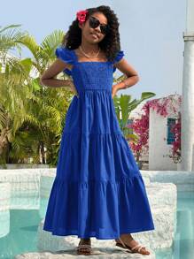 SHEIN Leap Crew Tween Girl Casual Woven Solid Color Ruffle Hem Cap Sleeve Dress - Royal Blue - View 4