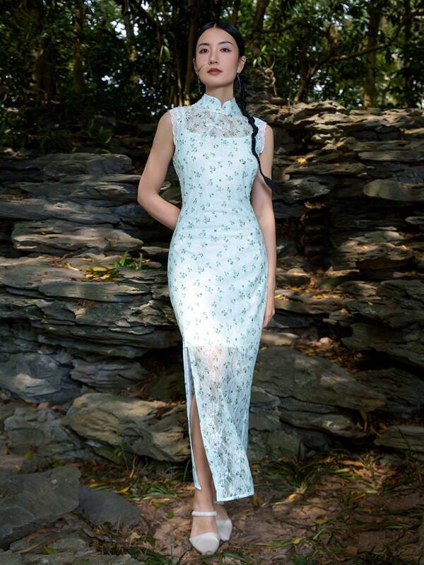 EastFlair Nuevo vestido de cheongsam con cuello alto de encaje, con transparencia, sin mangas (no incluye el deslizador)