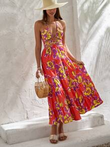 RueChic Maxi Dress-Orange Floral-Halter Neck Dress With Ruffles - Multicolor - View 3