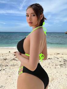 SHEIN Swim Color Block Ring & Halter Neck Design Back Tied Holiday Style Summer Bikini Set - Multicolor - View 3