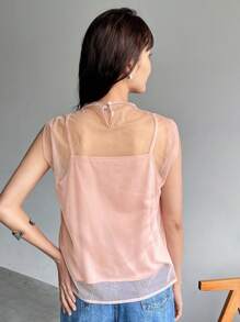 FRIFUL Women Summer Casual Solid Color Sheer Mesh Top - Pink - View 5
