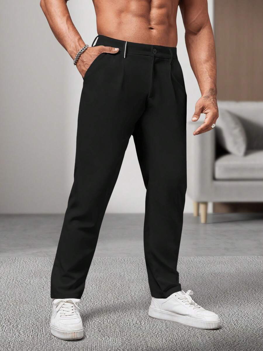 Manfinity Homme 男士商务风格纯色西装裤，适合春夏季 - 黑色 - 查看 1