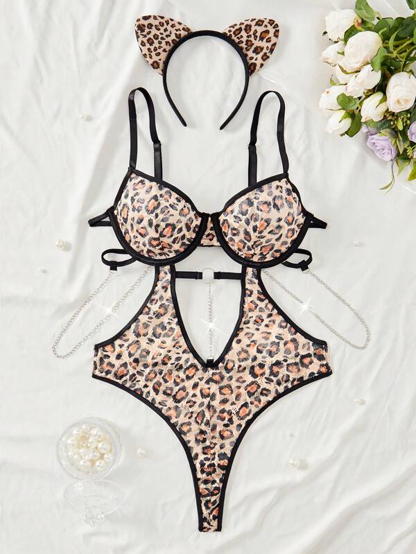 Leopard Patterned Women's Sexy Bodysuit With Steel Ring & Headband, 2pcs/Set