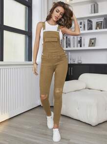 SHEIN Essnce Overol informal de mezclilla de unicolor con ajuste delgado para primavera y verano - Caqui - Ver 1