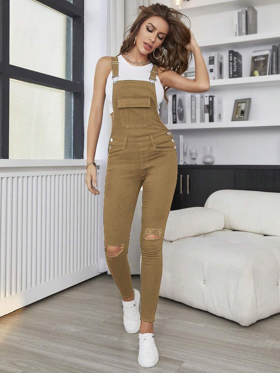 SHEIN Essnce Overol informal de mezclilla de unicolor con ajuste delgado para primavera y verano - Caqui - Ver 1