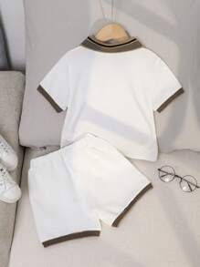 SHEIN 2pcs/Set Young Boy Graduation Collared Short Sleeve Polo Shirt And Shorts Set - White - View 2