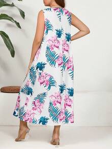 EMERY ROSE 大尺碼女性夏季假日風格熱帶植物印花寬鬆無袖背心連衣裙 - 白色 - 查看 2