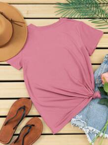 SHEIN 夏季休闲心形和字母印花短袖 T 恤图案 T 恤女式上衣 - 藕粉色 - 查看 2