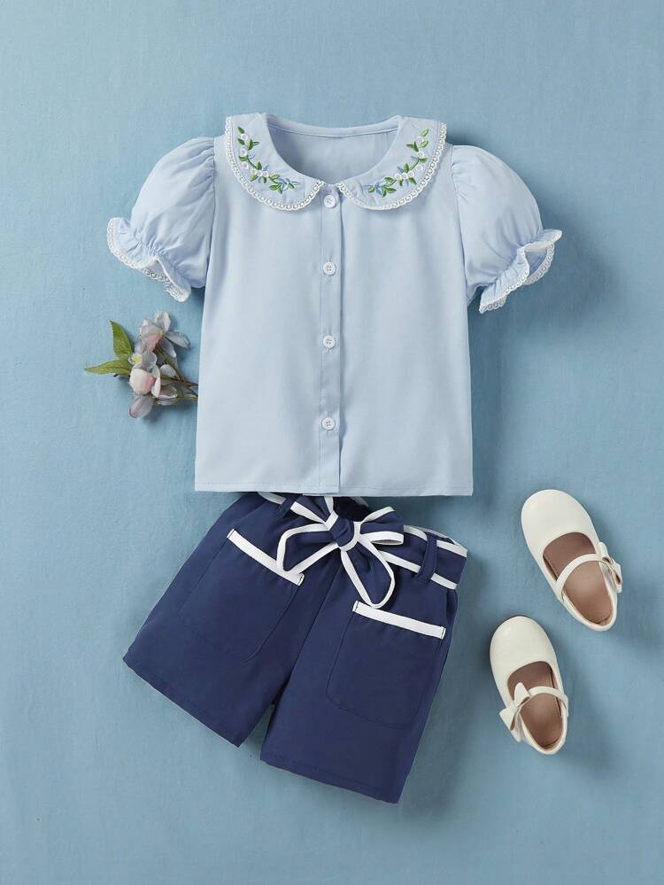 Young Girl Summer Plant Embroidery Short Puff Sleeve Peter Pan Collar Shirt + Shorts Set