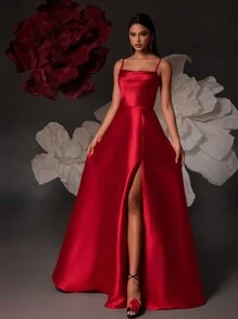 VIPGIRL 高腰优雅女士晚会礼服，开叉大腿婚礼宾客礼服，礼服 - 紅色 - 查看 4