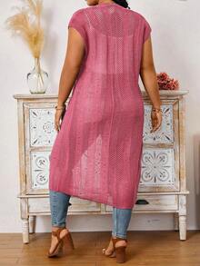 Calvaya Cardigan de talla grande primavera/verano suelto largo de mangas murciélago abierta al frente con diseño calado - Rosa Fucsia - Ver 2