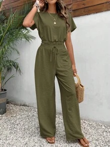 SHEIN Frenchy Women Two-piece Outfits Simpul Plain Casual - Hijau Tentara - View 4