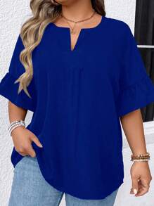 EMERY ROSE Plus Size Holiday Leisure Solid Color Notched Neck Ruffle Sleeve Blouse Plain Plus Size Blousesroyal Blue Blouseroyal Blue Topwomen Blouses Plus Sizeblue Blouse For Women