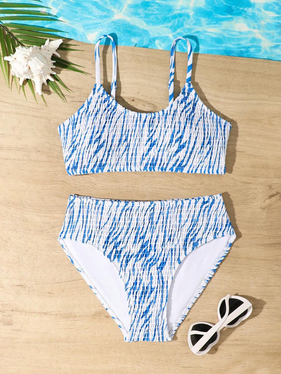 Teen Girl Two-Piece Bikini Set, Random Print Summer Beach - Blue and White - View 1