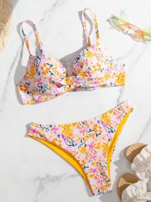 SHEIN Swim Ensemble bikini imprimé floral d'été à la mode pour femmes, polyvalent pour la plage