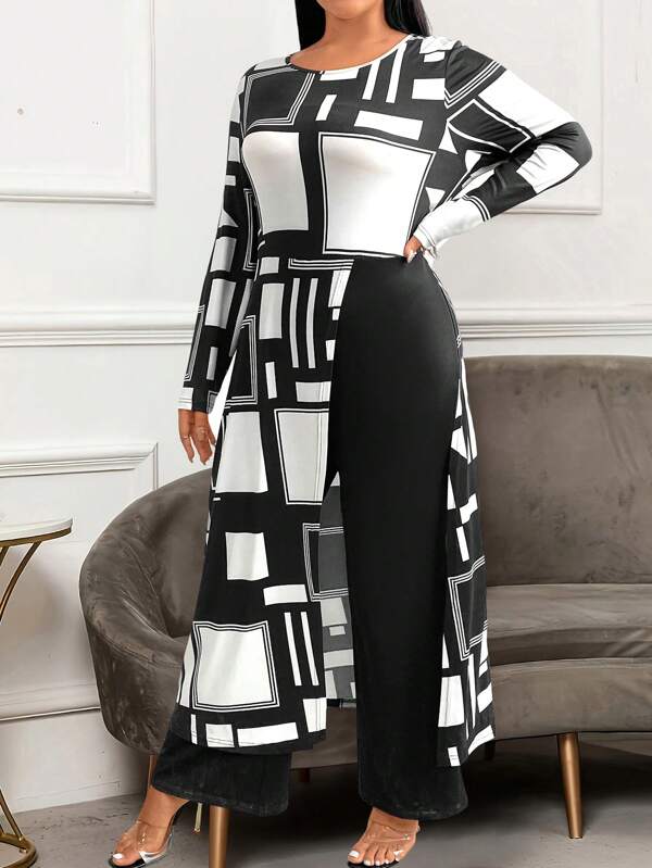 SHEIN Clasi Combinaison grande taille imprimée géométrique à manches longues et à col rond pour femme, avec ourlet fendu, simple et tendance, printemps/été