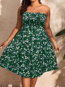 SHEIN Holidaya Plus Size Women Floral Print Strapless Dress - Multicolor - View 1