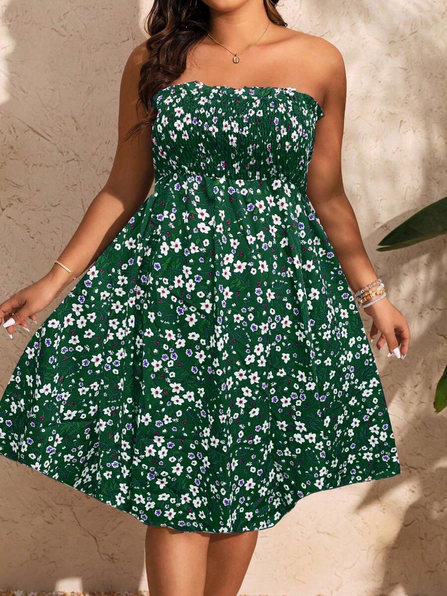 SHEIN Holidaya Plus Size Women Floral Print Strapless Dress - Multicolor - View 1