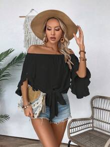 Breezaya Women Spring-Summer Solid Color Off Shoulder Bell Sleeve Loose Shirt With Tied Hem - Black - View 6
