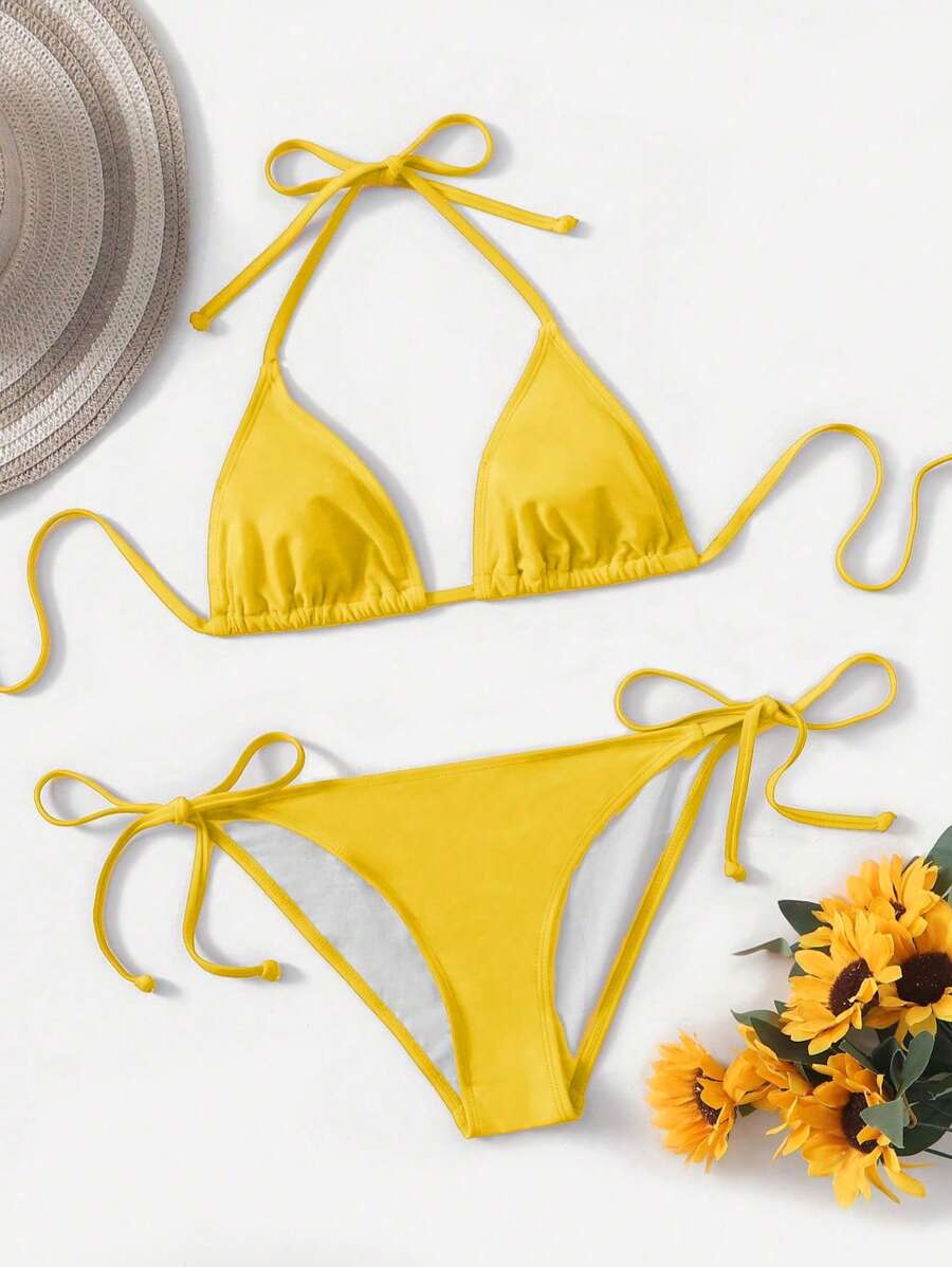 Swim Basics Summer Beach Solid Halter Triangle Tie Side Bikini Set - Yellow - View 1