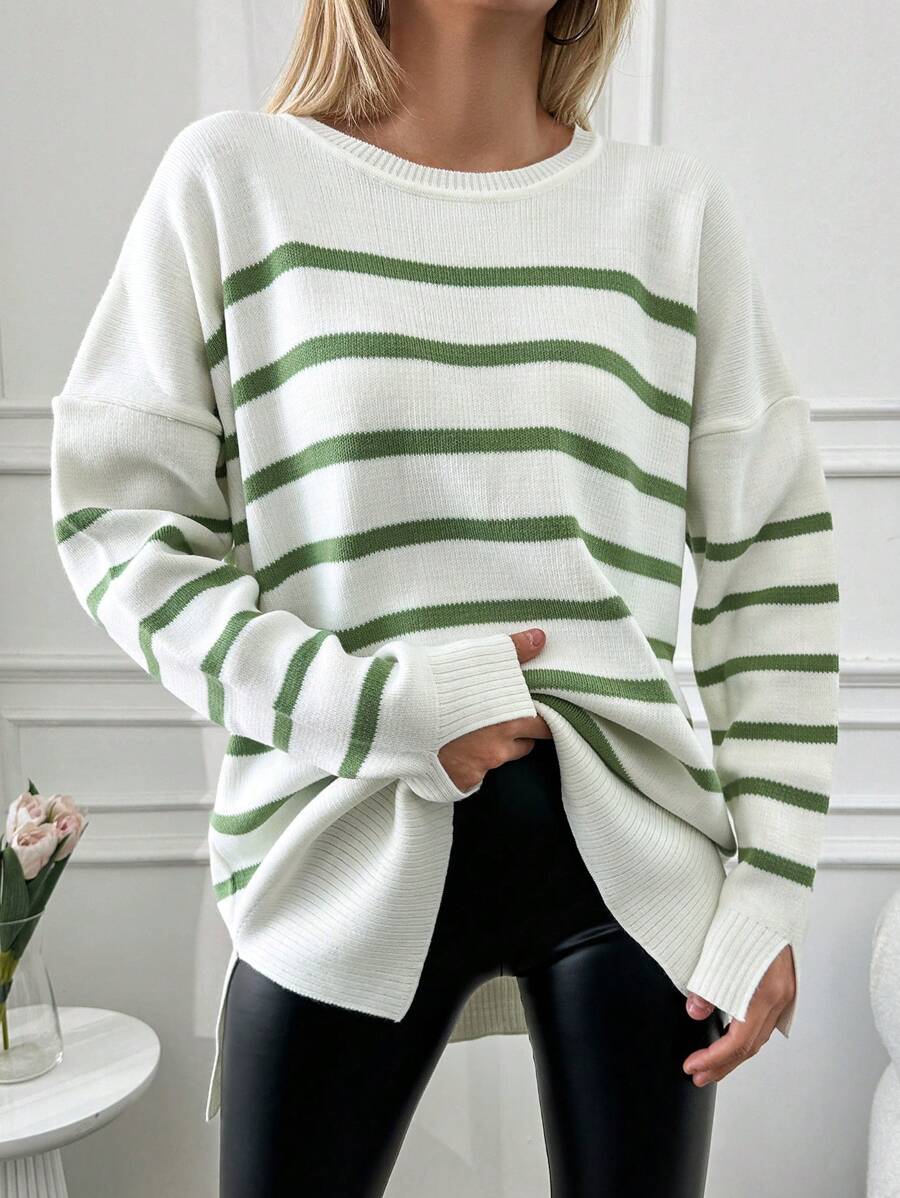 SHEIN Cottnline Women's Striped Drop Shoulder Loose Sweater - Mint Green - View 1