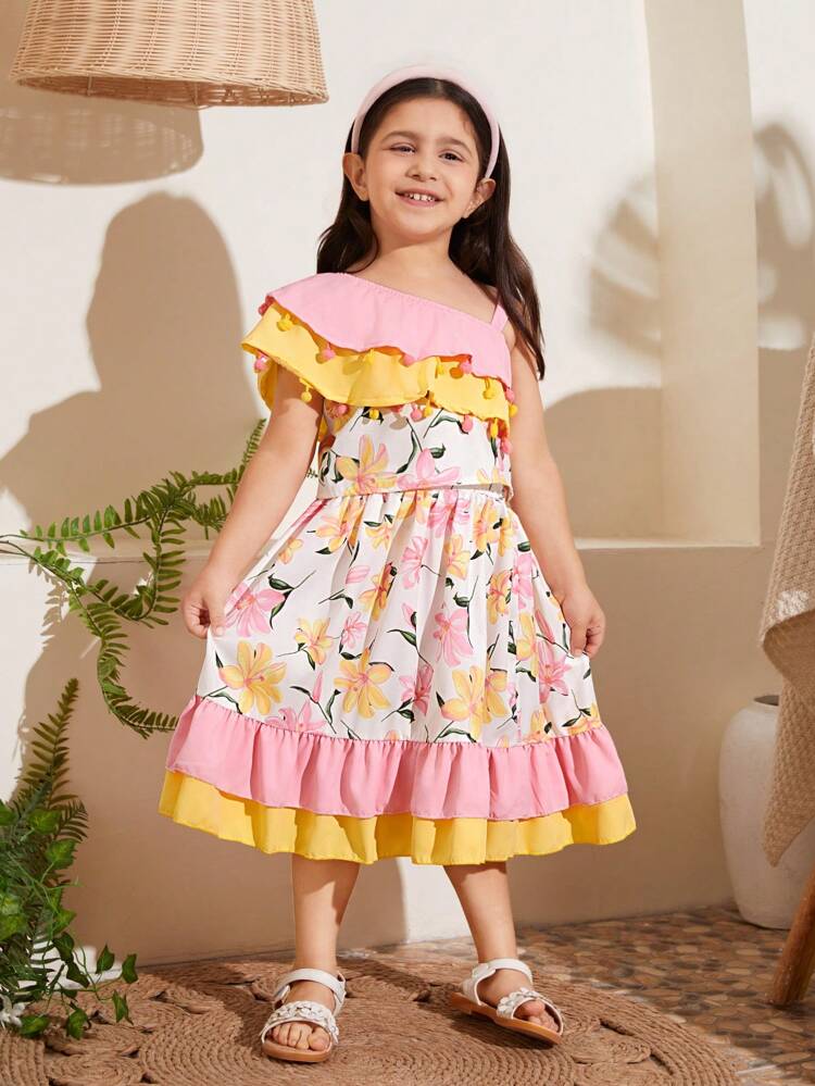 Young Girl's 2pcs/Set Summer Vacation Casual Ruffle Trim & Floral Print Top And Skirt