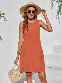SHEIN LUNE Women Sleeveless Solid Color Double Pocket Holiday Casual Dress