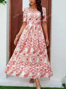 Vestido largo con cuello en V y estampado retro francés, reunido en la cintura, estilo de oscilación largo para mujeres europeas y americanas de nueva temporada primavera-verano