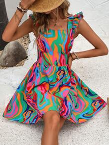 Breezaya Women Fashionable Printed A-Line Dress With Short Flutter Sleeves Vacation Beach Outfit