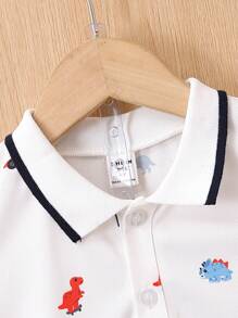 SHEIN 2入組男童休閒恐龍及車印花撞色裝飾短袖Polo衫和短褲，適合校內外、春夏季穿著 - 白色 - 查看 4