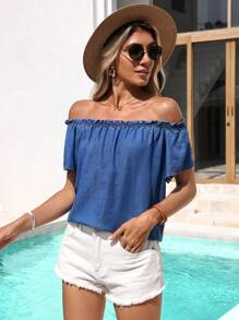 SHEIN VCAY Women's Short Denim Effect Off Shoulder Shirt For Summer Beach Vacation Casual Outfits