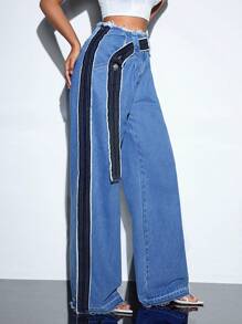 SHEIN ICON 帶口袋和鉤邊的拉鍊牛仔褲 - 中等水洗藍 - 查看 5
