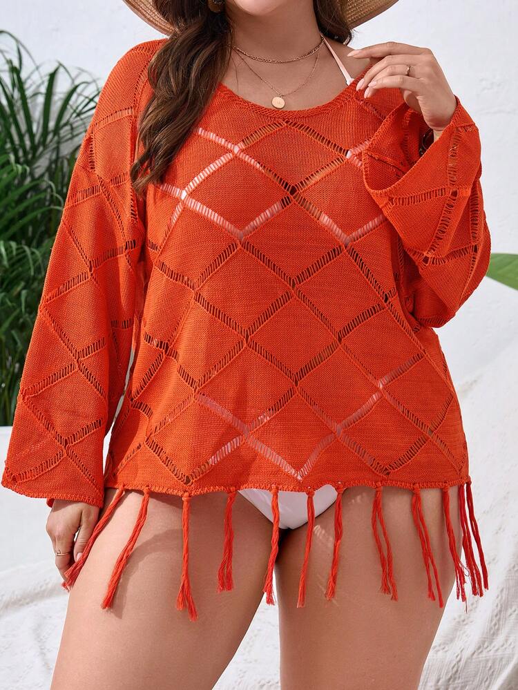 Summer Plus Size Solid Color Diamond Shaped Hollow Out Long Sleeve Cover Up Top