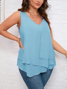 SHEIN Clasi Plus Size Summer Casual Solid Color Multi-Layer Asymmetrical Hem Sleeveless Blouse - Baby Blue - View 6
