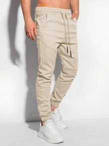 Manfinity Homme Solid Color Drawstring Waist Pocketed Long Pants, For Fall - Apricot - View 3