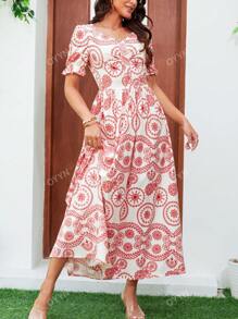 Vestido largo con cuello en V y estampado retro francés, reunido en la cintura, estilo de oscilación largo para mujeres europeas y americanas de nueva temporada primavera-verano