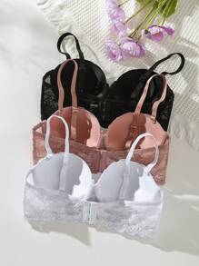 Solid Color Romantic Lace Simple And Versatile Comfortable Push-Up Everyday Bra Set With 3 Colors (Small Chest Enhancement) Lingerie - Multicolor - View 2