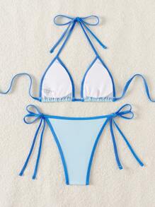 Swim Mod Color Block Edged Halter Back Tie Summer Beach Bikini Set