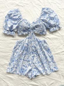 Soleia 女士春夏假期藍白色全印花連身褲，蓬鬆袖、腰部剪裁、前胸集褶設計、後背開叉，休閒風格，完美下午茶裝 - 藍白色 - 查看 3