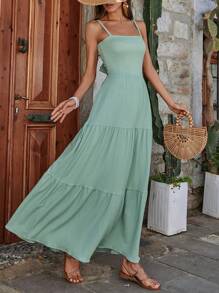 SHEIN Cottnline Long Dress With Ribbon Detail On The Back - Mint Green - View 3