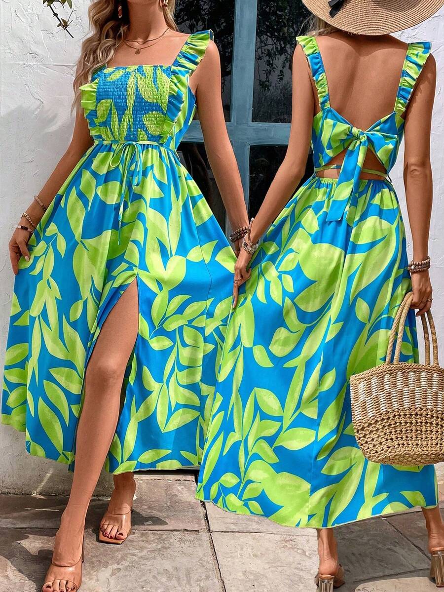 Breezaya Women Fashionable Holiday Dress With Ruffled Edge And Slit Design - Blue - View 1