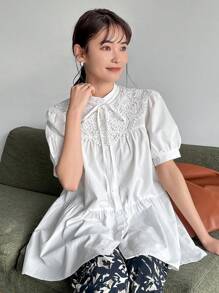 FRIFUL Women Summer Elegant Solid Color Shirt With Lace Collar, Short Puff Sleeve And Tie-Up Front,Ruffle