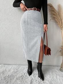 RueChic Women's Herringbone High Slit Skirt - Light Grey - View 3