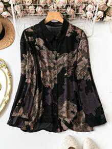 SHEIN Clasi Damska koszula w rozmiarze plus size, wiosna/lato, luźny krój, z kwiatowym nadrukiem, z długim rękawem