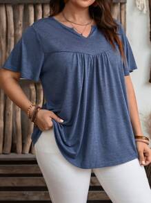 EMERY ROSE Plus Size Women Summer Solid Color Notched V-Neck Short Sleeve Casual T-Shirt - Dusty Blue - View 5